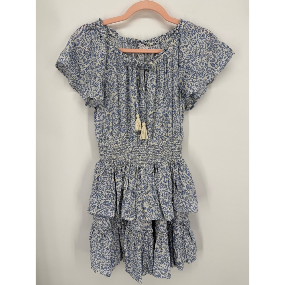 Patrons of Peace Dress Womens XS Blue White Floral Smocked Tiered Mini Peasant